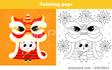 Printable coloring page for kids with cute rabbit in chinese traditional costume, lion dance and fireworks festival 85618622