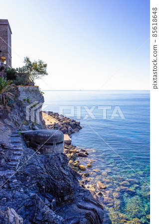 Stone fortifications of Monterosso al Mare, a small town in province La Spezia, Liguria, Italy. 85618648