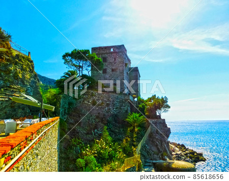 Stone fortifications of Monterosso al Mare, a small town in province La Spezia, Liguria, Italy. 85618656