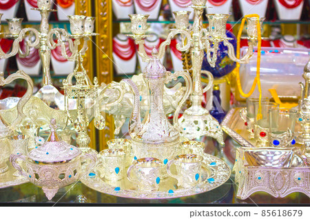 Traditional handmade tea and coffee sets or teapots for sale at the Egyptian Bazaar Traditional handmade tea and coffee sets or teapots for sale at the Egyptian Bazaar 85618679