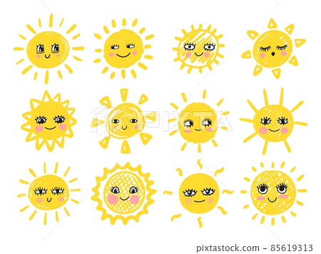Funny cute sun set. Happy smiley sun characters. Vector hand drawn doodle sunny icon Funny cute sun set. Happy smiley sun characters. Vector hand drawn doodle sunny icon 85619313