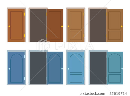 Set of doors in brown and blue color, different positions, closed and open. flat-style illustration 85619714