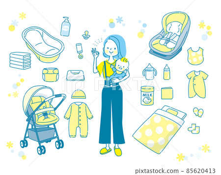 Baby goods and mom holding a baby 85620413