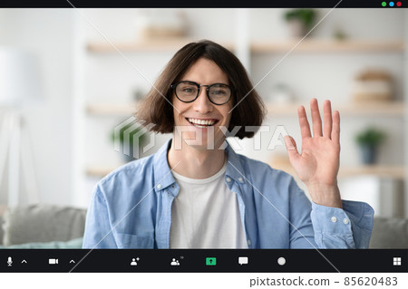 Web conference. Happy guy making video call via laptop and gesturing hello to webcamera, monitor screenshot, collage Web conference. Happy guy making video call via laptop and gesturing hello to webcamera, monitor screenshot, collage 85620483