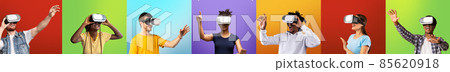 Virtual reality. Collage of millennials in VR headsets experiencing augmented reality over various colorful backgrounds Virtual reality. Collage of millennials in VR headsets experiencing augmented reality over various colorful backgrounds 85620918