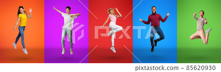 Cheerful mood. Full length collage of excited young diverse people jumping and fooling on bright neon backgrounds 85620930