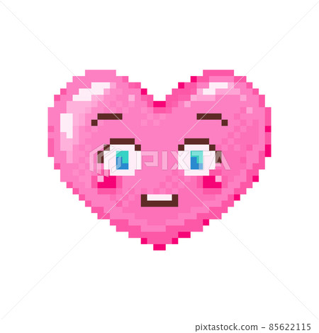 Pixel art flushed heart emoji. Vintage 8 bit pixel pink emoticon of raised eyebrows surprise face smile. Cute anime kawaii vector icon. Valentine Day romantic heart-shaped design. Pixel art flushed heart emoji. Vintage 8 bit pixel pink emoticon of raised eyebrows surprise face smile. Cute anime kawaii vector icon. Valentine Day romantic heart-shaped design. 85622115