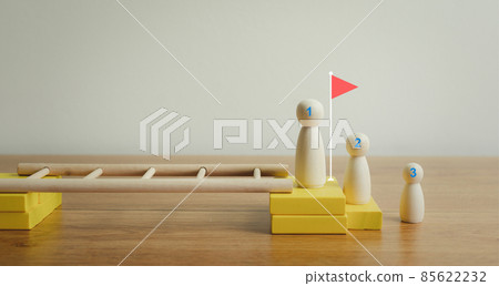 Symbol Business people model stand on wooden ladder. challenge and Unexpected solutions concept. Decision making. Success and achievement goal. human resources and recruiting business or team leader. Symbol Business people model stand on wooden ladder. challenge and Unexpected solutions concept. Decision making. Success and achievement goal. human resources and recruiting business or team leader. 85622232