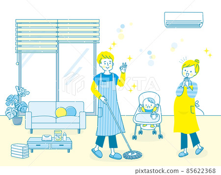 A smiling dad doing household chores on the baby's side A smiling dad doing household chores on the baby's side 85622368