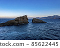 松崎町雲見海岸的晨光中的富士山和牛著陸岩 85622445