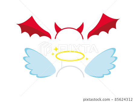 Devil and angel headband and wings costume attributes icon set isolated on white background. Devil and angel headband and wings costume attributes icon set isolated on white background. 85624312