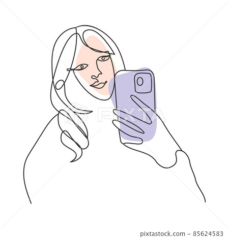 One Line Art Woman Figure Vector Drawing. Contouring Line. Abstract minimalist Face. A girl with telephone making Self photo. Two geometric shapes elements in pink, blue pastel colors 85624583