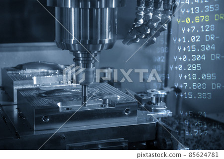 The abstract scene CNC milling machine cutting  the mold and die parts and G-code data background. 85624781