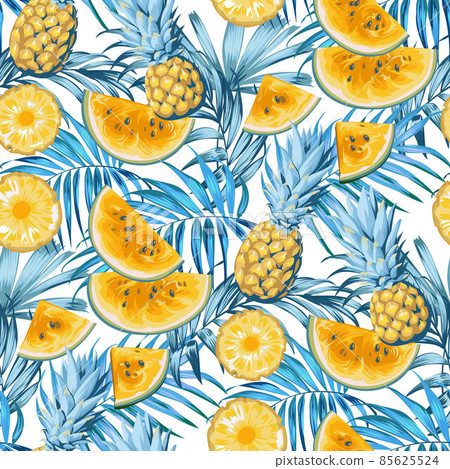 Summer tropical pattern with pineapple fruit and slices of watermelon 85625524
