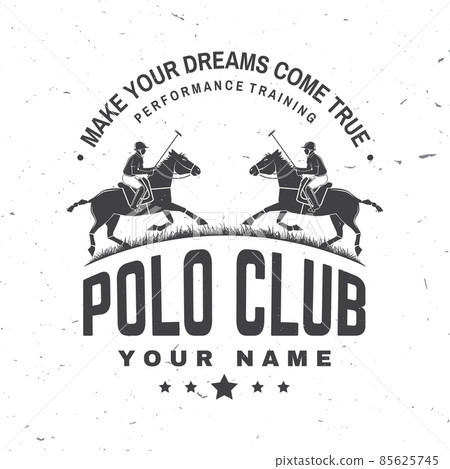 Polo club sport badge, patch, emblem, logo. Vector illustration. Vintage monochrome polo label with rider and horse silhouettes. Polo club competition riding sport. Concept for shirt or logo, print 85625745