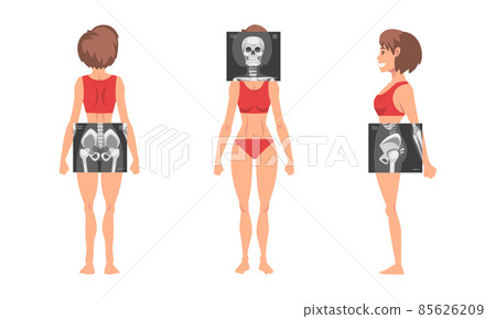 Young Woman Standing in Red Underwear with Her Skeleton X-ray Vector Set 85626209