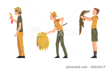 Man Zookeeper Holding Crocodile and Parrot Engaged in Daily Care of Animal Vector Set Man Zookeeper Holding Crocodile and Parrot Engaged in Daily Care of Animal Vector Set 85626217