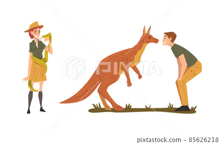 Man and Woman Zookeeper with Kangaroo and Snake Engaged in Daily Care of Animal Vector Set Man and Woman Zookeeper with Kangaroo and Snake Engaged in Daily Care of Animal Vector Set 85626218
