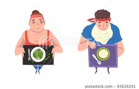 Overweight Man and Woman Character Having Healthy Diet with Tray and Greenery on Plate Vector Set 85626291
