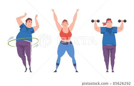Overweight Man and Woman Character Training with Dumbbell and Hula Hoop Getting Fit Vector Set 85626292