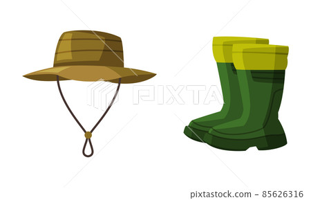 Fisherman Green Hat and Pair of Boots Vector Set 85626316