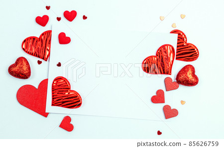 Valentine card. Red heart, romantic gift on love white background with copy space. Valentines day gift decoration. Flatlay banner. 85626759