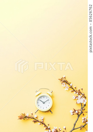 Spring time background. May flowers and April floral nature with alarm clock on yellow. Branches of blossoming apricot macro with soft focus. For easter greeting cards with copy space. Springtime. 85626762