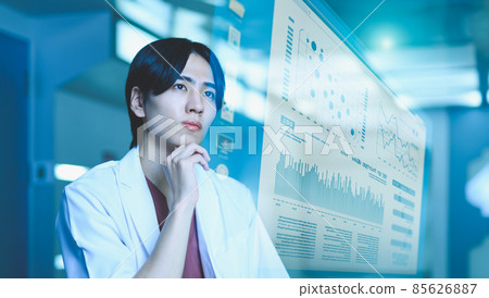 Futuristic space: a man in a lab coat Futuristic space: a man in a lab coat 85626887