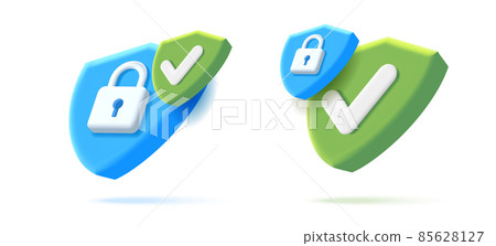 Set of digital security icons with 3d shield shape with padlock, two isometric 3d render illustrations Set of digital security icons with 3d shield shape with padlock, two isometric 3d render illustrations 85628127