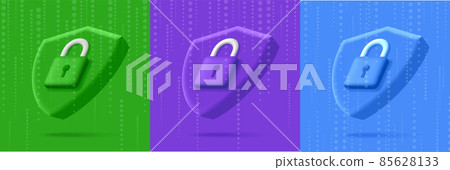 Set of security icons with 3d shield shape with padlock, isometric 3d render illustration 85628133