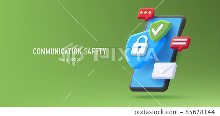 Web banner with 3d render illustration od a smartphone with protection shield with padlock and notification bell and envelope Web banner with 3d render illustration od a smartphone with protection shield with padlock and notification bell and envelope 85628144