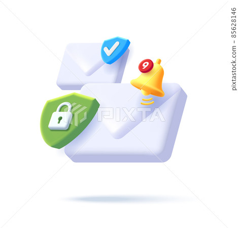 Composition of digital icons of envelope with security shield and padlock and notification bell, 3d isometric illustration Composition of digital icons of envelope with security shield and padlock and notification bell, 3d isometric illustration 85628146