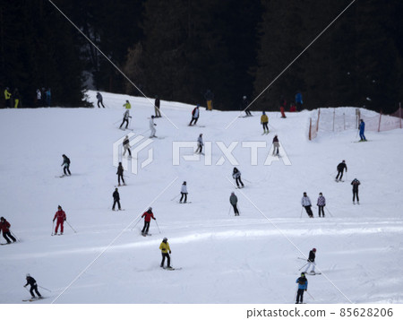 many skiers skiing in dolomites gardena valley snow mountains many skiers skiing in dolomites gardena valley snow mountains 85628206