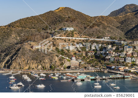Sunny high angle view of the beautiful Avalon city of Catalina Island Sunny high angle view of the beautiful Avalon city of Catalina Island 85629001