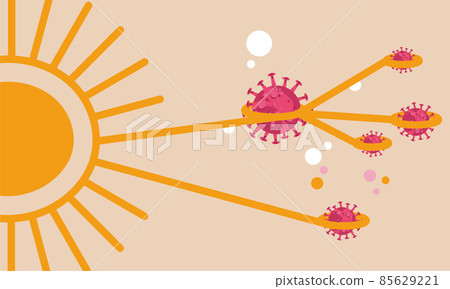 Summer sun kill covid virus concept epidemic vector illustration. Sunlight ultraviolet ray destroy and clean coronavirus. Sterilization microbe UVC infection. Disinfect pandemic and stop virus danger 85629221