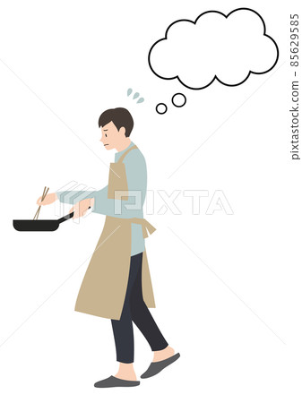 A man who wears an apron and cooks with a troubled face (with a balloon, for the image of single assignment, housework sharing, etc.) A man who wears an apron and cooks with a troubled face (with a balloon, for the image of single assignment, housework sharing, etc.) 85629585