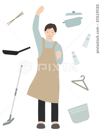 A man who wears an apron and makes a guts pose with a smile on the back of daily necessities (for the image of housework agency and housework sharing) 85629588