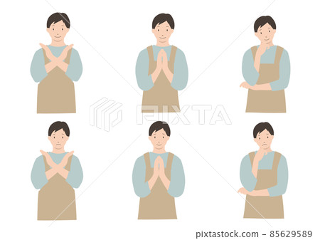 Illustration material: Icon set of a man who wears an apron and makes gestures such as denial, request, gratitude, and confusion. Illustration material: Icon set of a man who wears an apron and makes gestures such as denial, request, gratitude, and confusion. 85629589