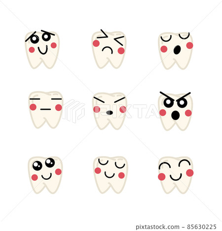 Set of bright human teeths with cute faces, medical icons on white Set of bright human teeths with cute faces, medical icons on white 85630225