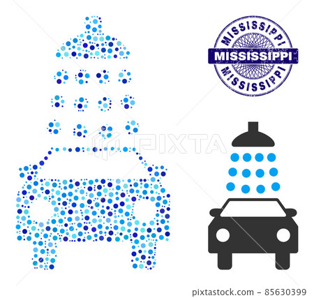Grunge MISSISSIPPI Round Guilloche Seal Stamp and Car Wash Mosaic Icon of Round Dots 85630399