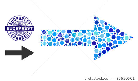 Distress BUCHAREST Round Guilloche Seal and Arrow Right Mosaic Icon of Round Dots Distress BUCHAREST Round Guilloche Seal and Arrow Right Mosaic Icon of Round Dots 85630501