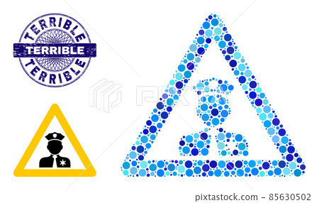 Distress TERRIBLE Round Guilloche Stamp and Policeman Warning Collage Icon of Round Dots 85630502