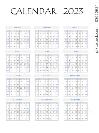 2023 calendar planner. Corporate week. Template layout, 12 months yearly, white background. Simple design for business brochure, flyer, print media, advertisement. Week starts from Monday 2023 calendar planner. Corporate week. Template layout, 12 months yearly, white background. Simple design for business brochure, flyer, print media, advertisement. Week starts from Monday 85630634