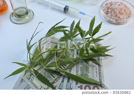 Cannabis with Dollars and Syringe on a Lab Desk Cannabis with Dollars and Syringe on a Lab Desk 85630862