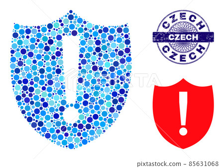 Textured CZECH Round Guilloche Seal Stamp and Shield Warning Mosaic Icon of Round Dots Textured CZECH Round Guilloche Seal Stamp and Shield Warning Mosaic Icon of Round Dots 85631068