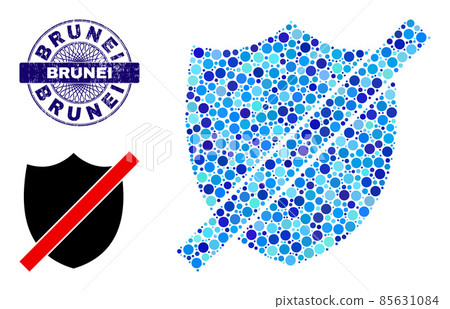 Grunge BRUNEI Round Guilloche Seal and Wrong Shield Mosaic Icon of Round Dots Grunge BRUNEI Round Guilloche Seal and Wrong Shield Mosaic Icon of Round Dots 85631084