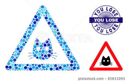 Distress YOU LOSE Round Guilloche Stamp and Cat Warning Composition Icon of Round Dots Distress YOU LOSE Round Guilloche Stamp and Cat Warning Composition Icon of Round Dots 85631093