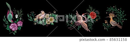 Birds embroidery templates. Romantic bird oriental print. Handmade silk stitch floral compositions for tshirt design. Exotic stitched flowers nowaday vector set 85631158