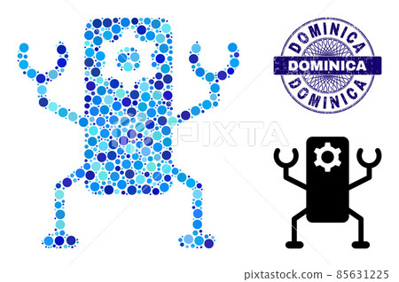 Scratched DOMINICA Round Guilloche Stamp and Nanobot Collage Icon of Round Dots Scratched DOMINICA Round Guilloche Stamp and Nanobot Collage Icon of Round Dots 85631225