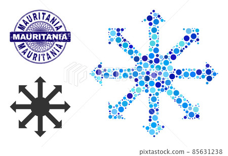 Scratched MAURITANIA Round Guilloche Seal Stamp and Radial Arrows Composition Icon of Round Dots 85631238